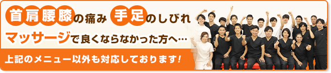 首・肩・腰・膝の痛み、手足のしびれ、マッサージで良くならなかった方に上記のメニュー以外にも対応しております!